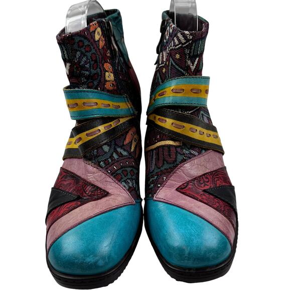 Socofy Retro Boho Multicolor Leather Stretch Fabric Booties Women's 38/7-7.5 - Picture 3 of 11